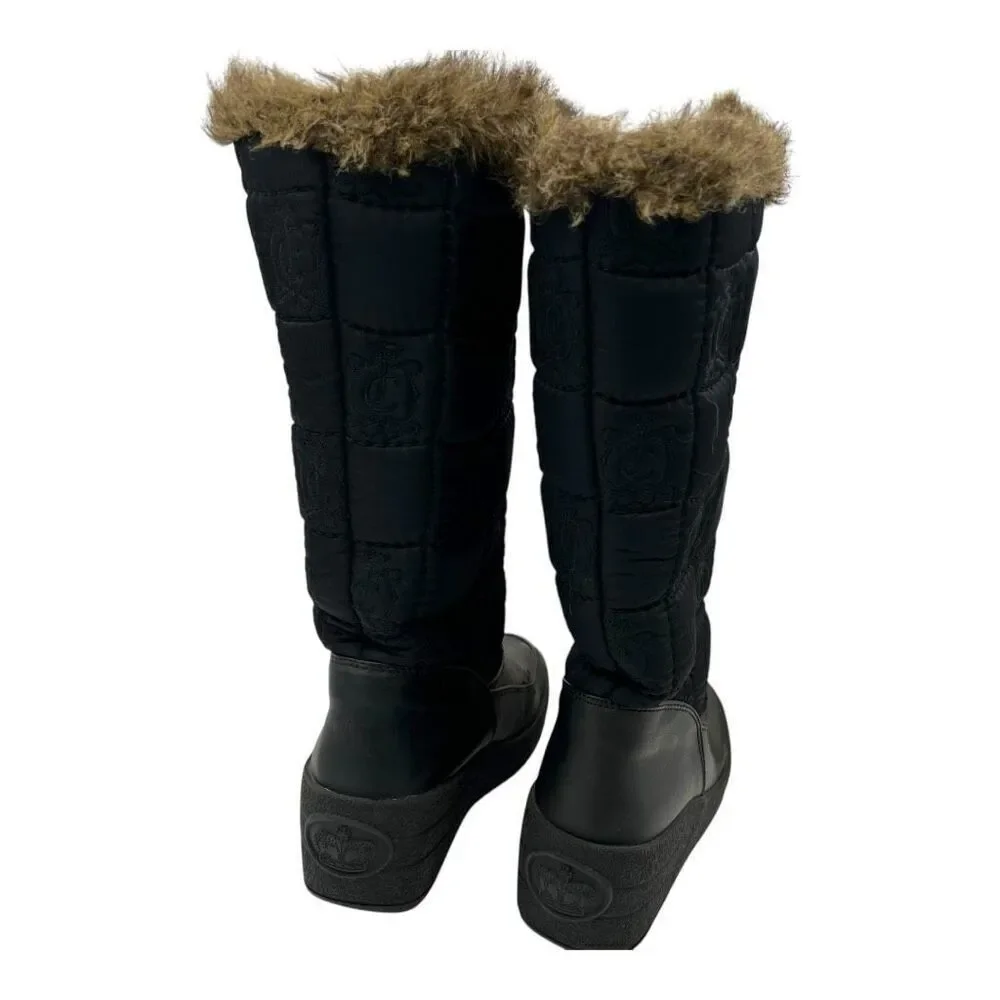 Juicy Couture Women's Size 7 Faux Fur Quilted Front Zip Wedge Winter Boots Black